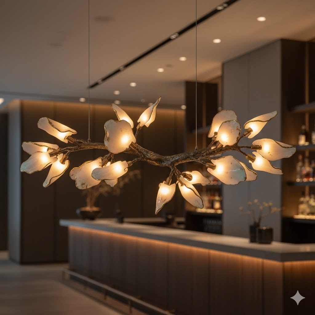 AI-assisted concept render — brass branch chandelier with opal glass petals