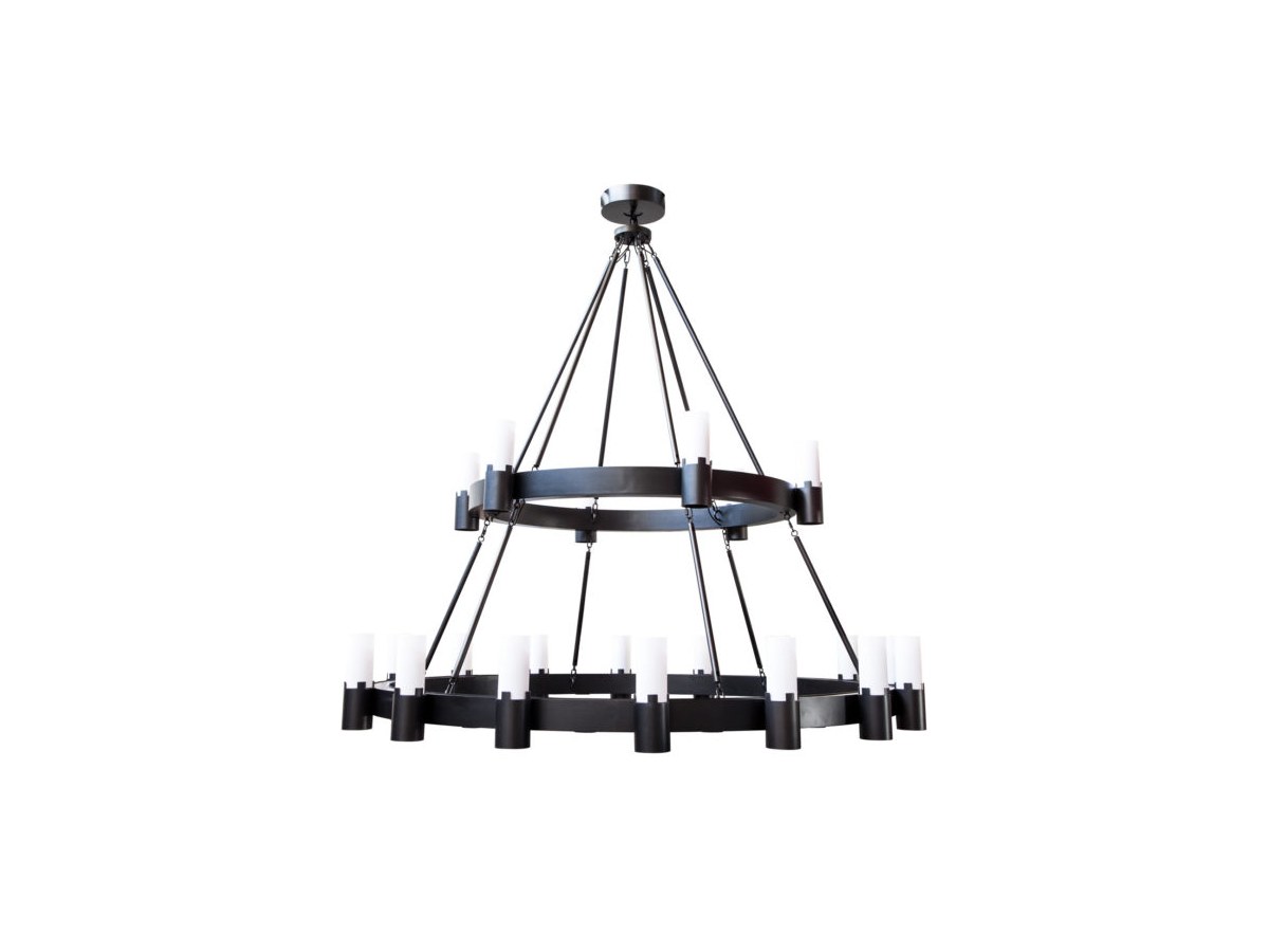 Double-ring tiered chandelier in black steel with opal shades