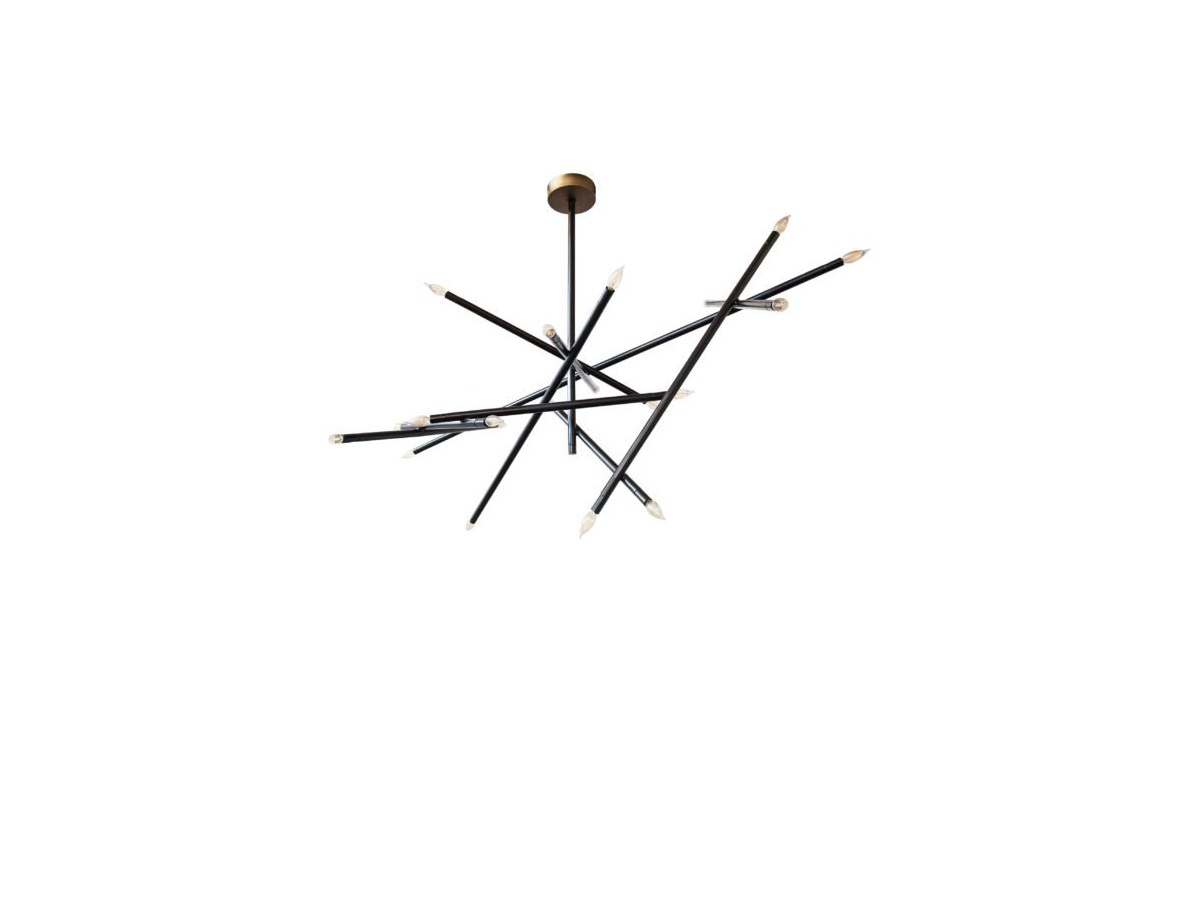 Sculptural black sputnik-style chandelier with brass canopy