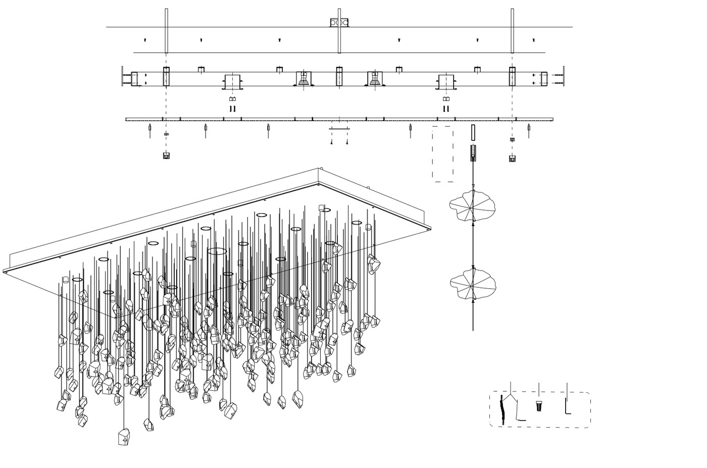 Crystal pendant raft — reflected plan and section