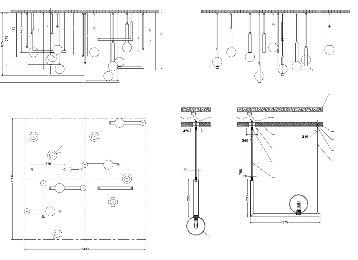 Custom pendant composition — plan, elevations and suspension details