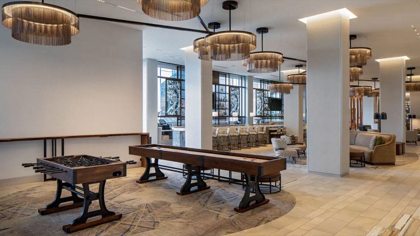 Ring chandelier above a hotel restaurant