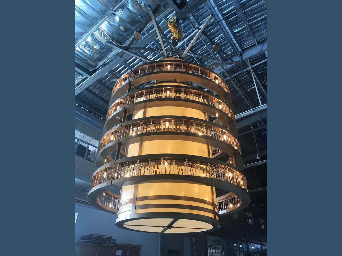 Crystal theater chandelier installed in a banquet hall